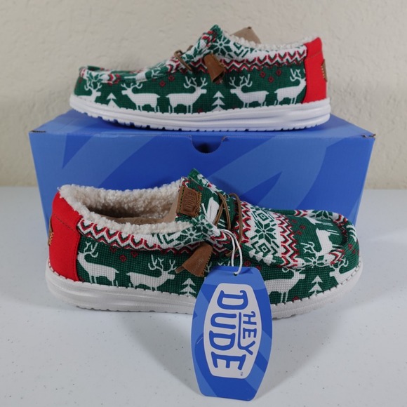 Hey Dude Wally Ugly Sweater Lined Mens Shoes Size 10 Green Christmas Reindeer - Picture 1 of 9